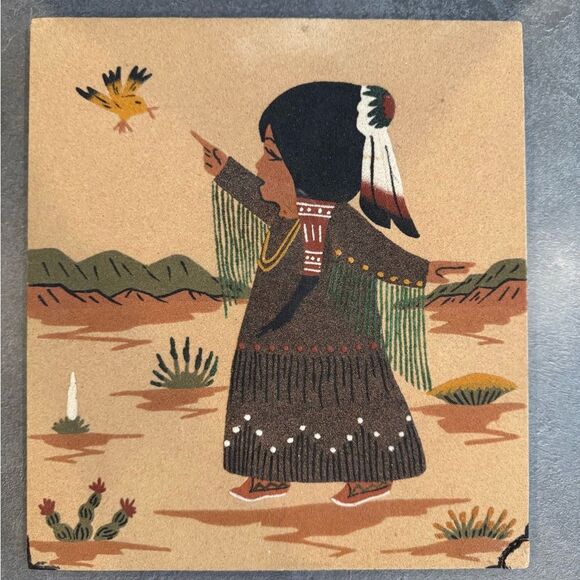 Vintage Native American Sand Painting Art on Wood - Picture 1 of 7